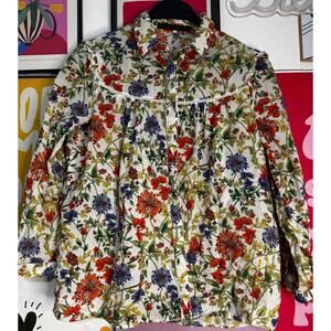 ZARA Basic Floral Long Sleeve Blouse Women’s Size XS White Multicolor Ruffle